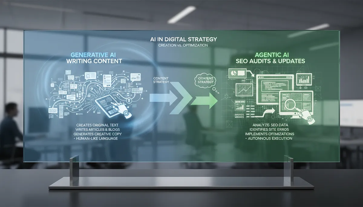 infographic, visual explanation of Generative AI writing content versus Agentic AI executing SEO audits and site updates infographic, visual explanation of Generative AI writing content versus Agentic AI executing SEO audits and site updates