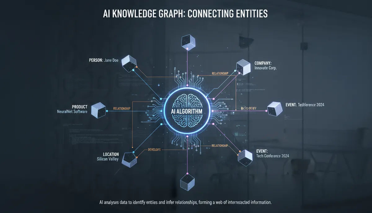 infographic, visual explanation of how AI connects entities in a knowledge graph infographic, visual explanation of how AI connects entities in a knowledge graph