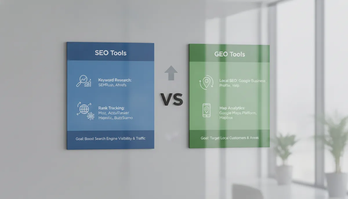 infographic, visual comparison of SEO and GEO tools side-by-side infographic, visual comparison of SEO and GEO tools side-by-side