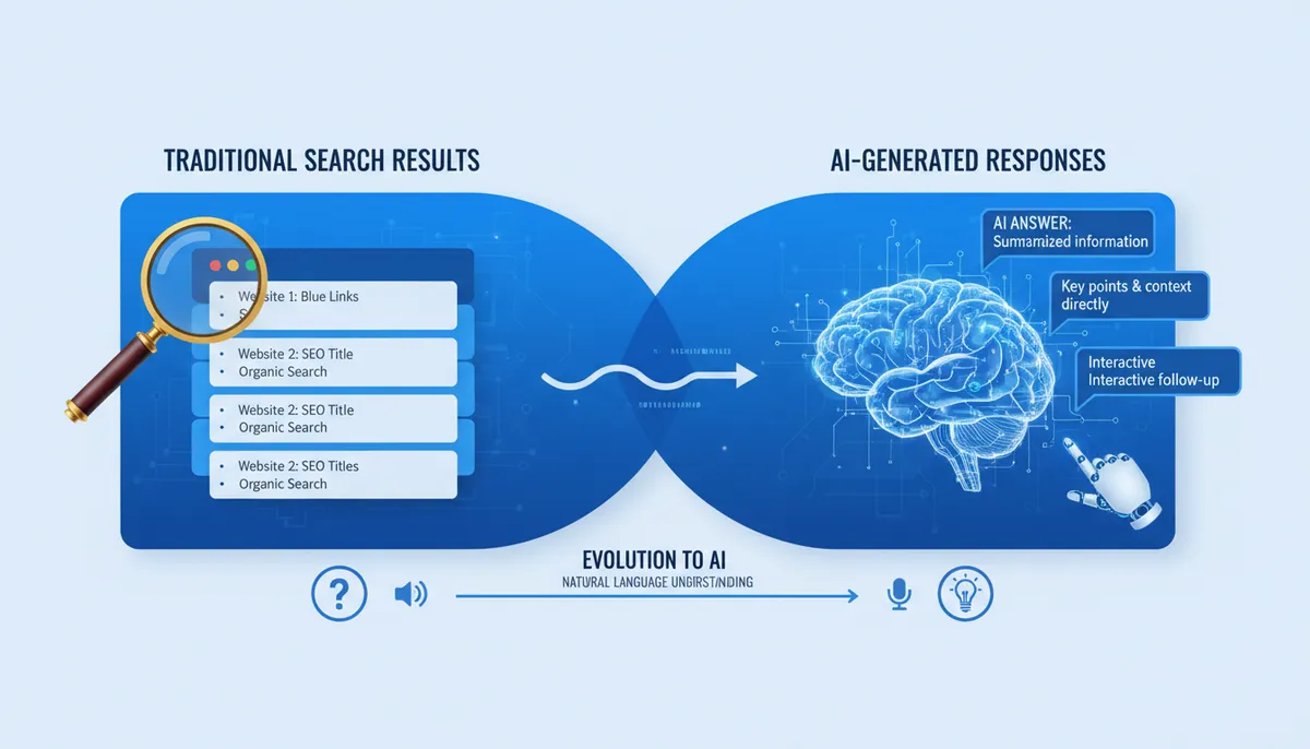 infographic, visual explanation of the transition from traditional search engine results to AI-generated responses infographic, visual explanation of the transition from traditional search engine results to AI-generated responses