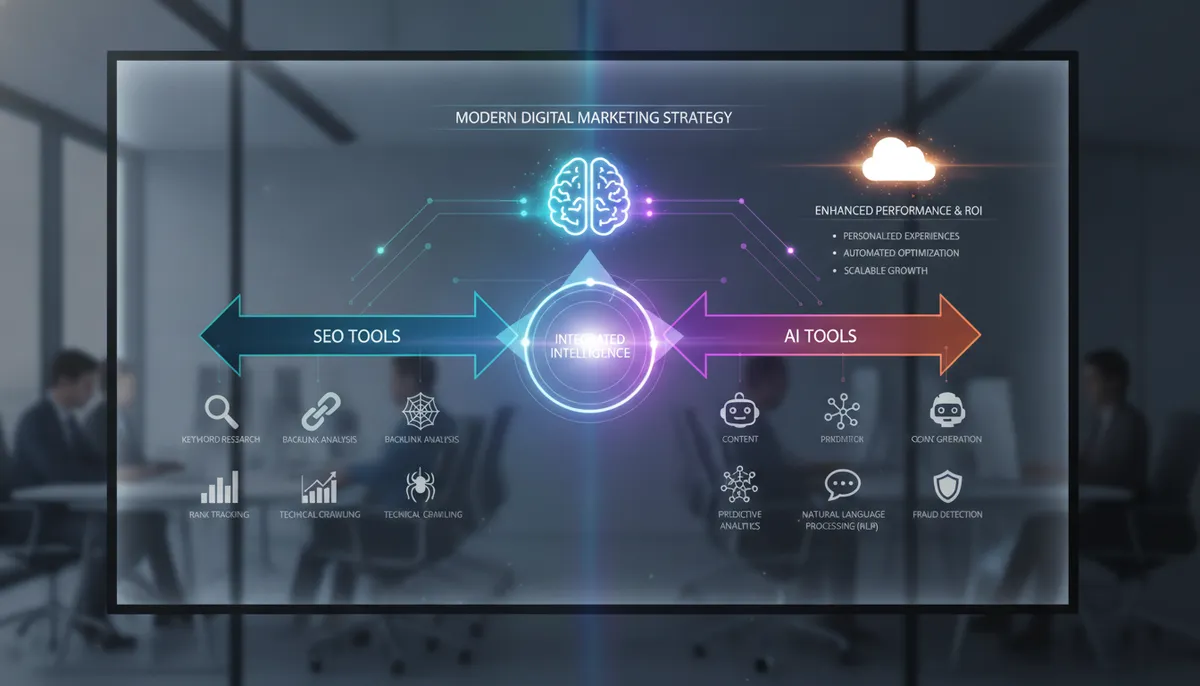 infographic showing the integration of SEO and AI tools for a modern digital marketing strategy infographic showing the integration of SEO and AI tools for a modern digital marketing strategy