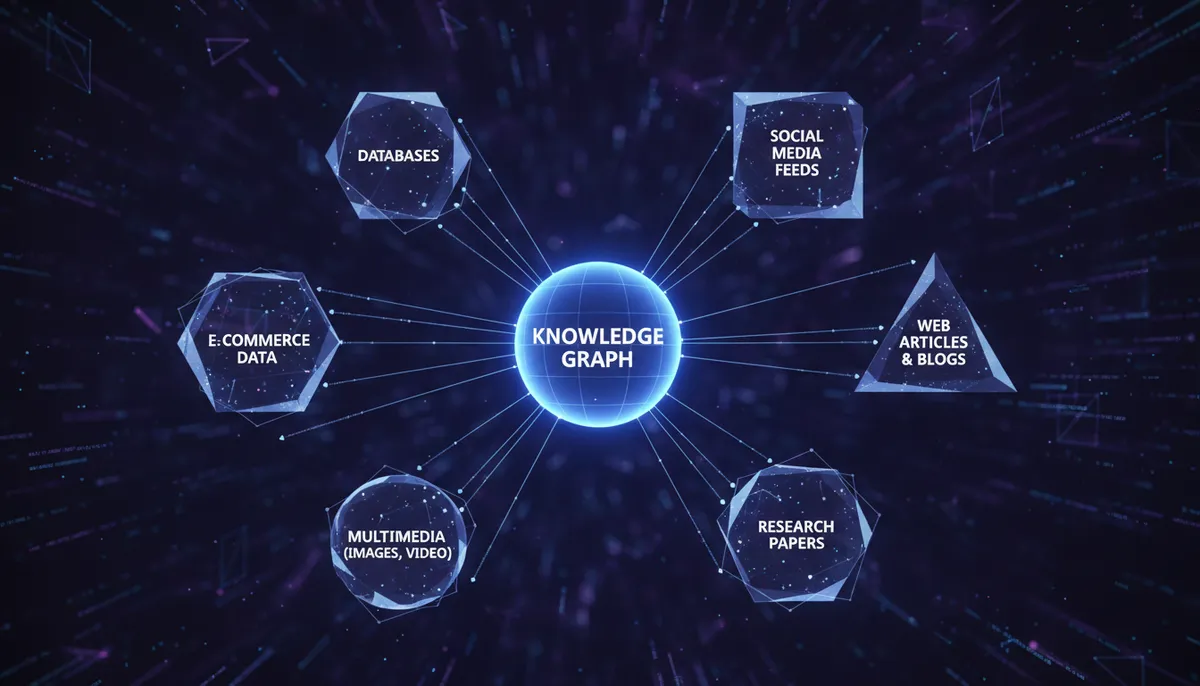 infographic showing digital content entities connecting to a central knowledge graph infographic showing digital content entities connecting to a central knowledge graph