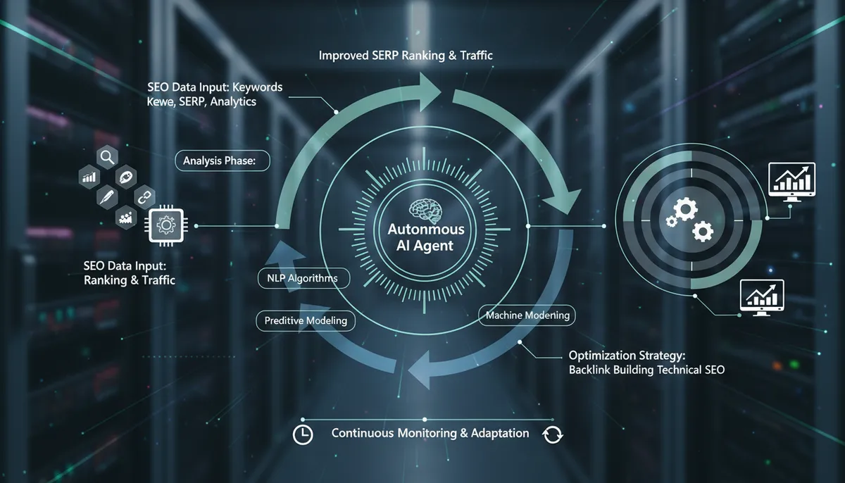 infographic, visual explanation of how autonomous AI agents analyze and optimize SEO data infographic, visual explanation of how autonomous AI agents analyze and optimize SEO data