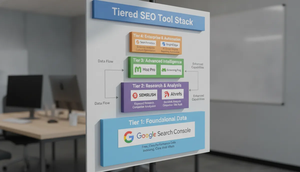 infographic, visual explanation of a tiered SEO tool stack starting with GSC and moving to paid platforms infographic, visual explanation of a tiered SEO tool stack starting with GSC and moving to paid platforms