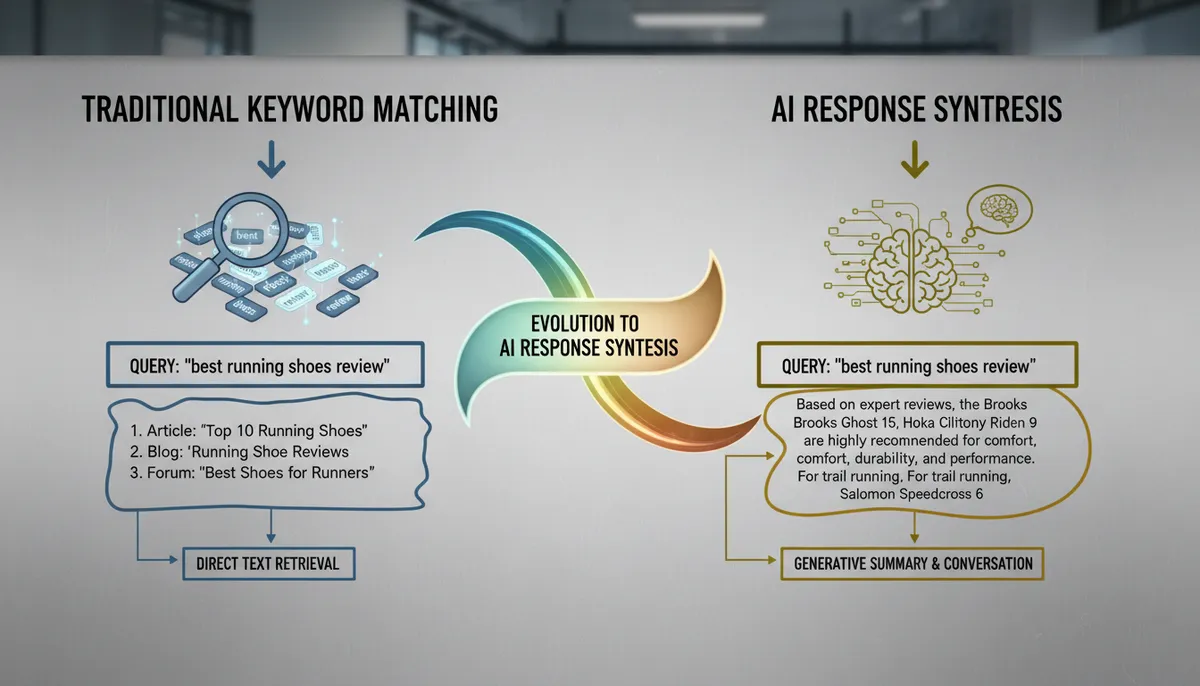 infographic, visual explanation of the shift from traditional keyword matching to AI response synthesis infographic, visual explanation of the shift from traditional keyword matching to AI response synthesis