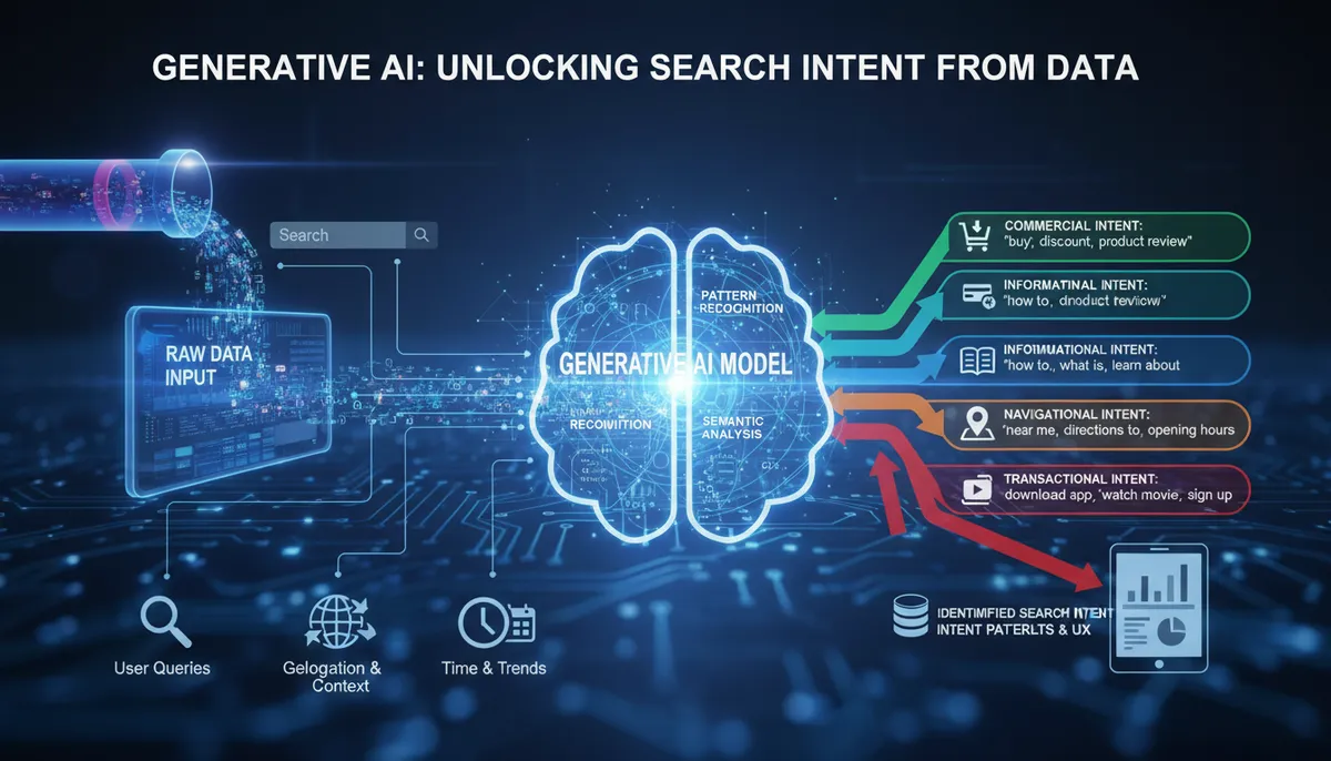 infographic, visual explanation of generative AI identifying search intent patterns from raw data infographic, visual explanation of generative AI identifying search intent patterns from raw data
