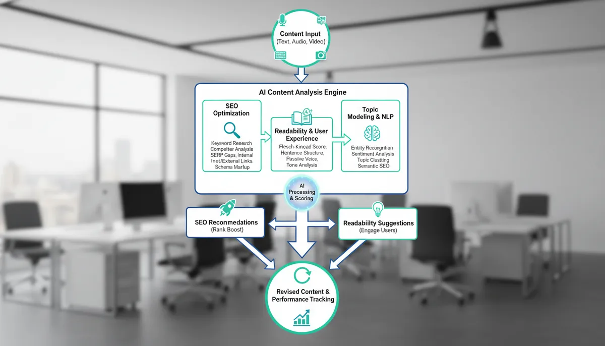 infographic, visual explanation of AI content analysis workflow for SEO and readability infographic, visual explanation of AI content analysis workflow for SEO and readability