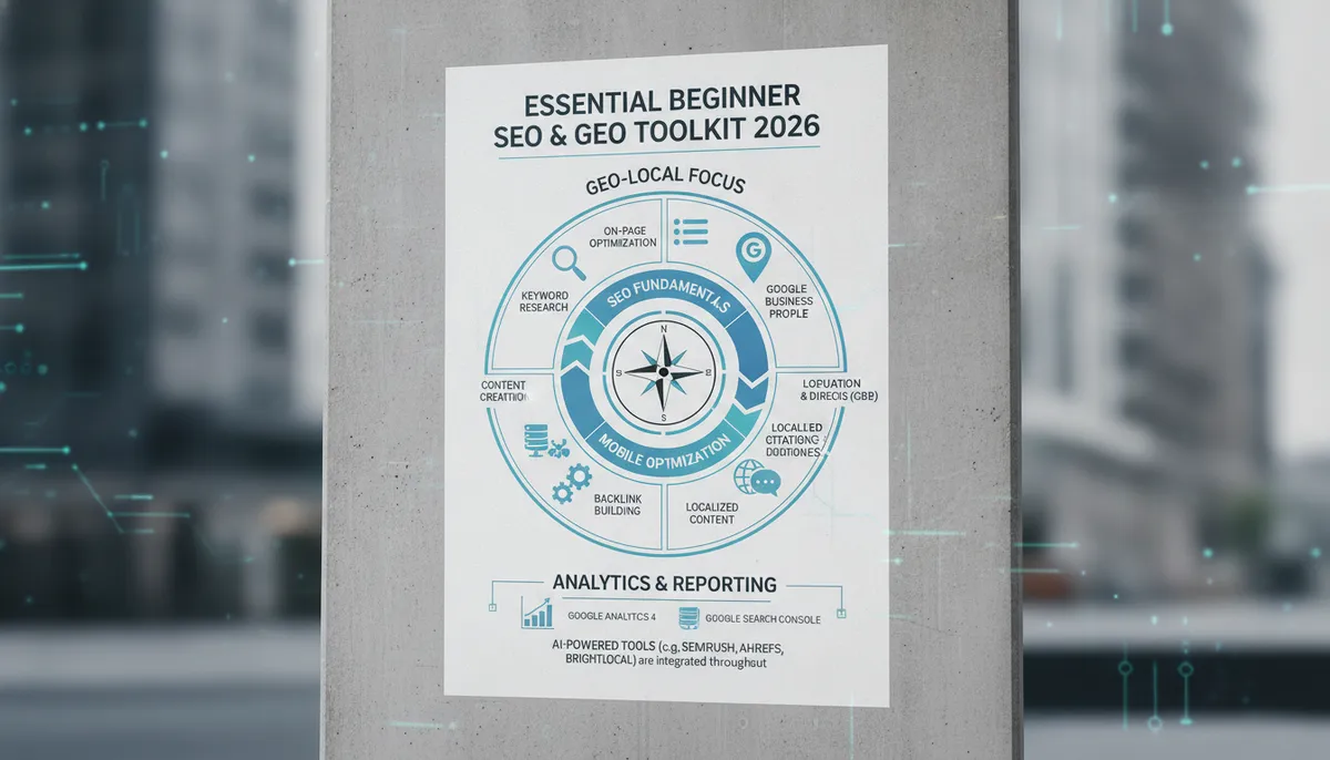 infographic, visual explanation of the essential beginner SEO and GEO toolkit for 2026 infographic, visual explanation of the essential beginner SEO and GEO toolkit for 2026