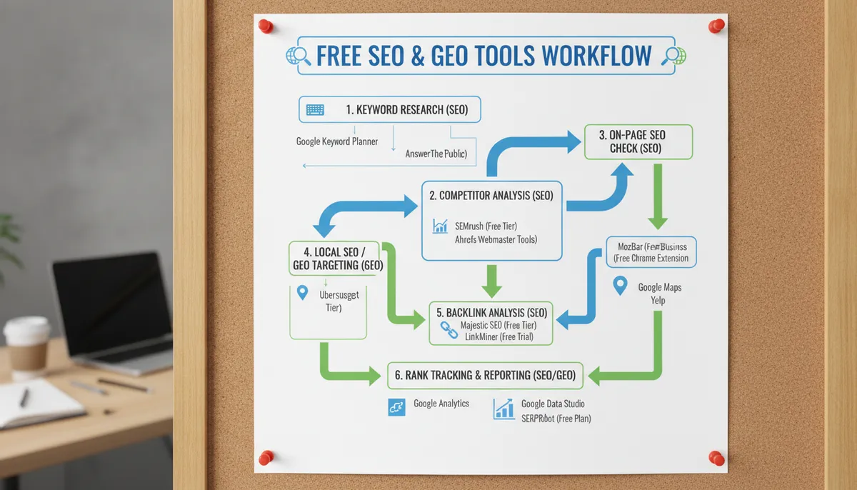 infographic, visual explanation of free SEO and GEO tools workflow infographic, visual explanation of free SEO and GEO tools workflow