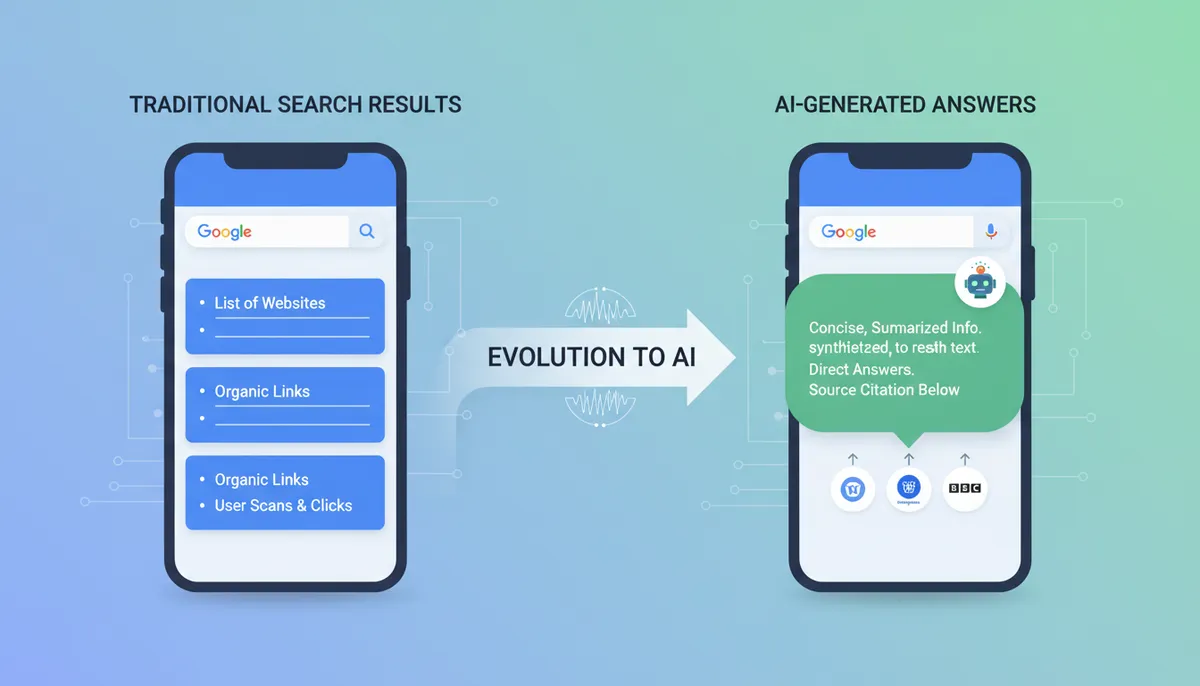 infographic, visual explanation of the transition from traditional search results to AI-generated answers infographic, visual explanation of the transition from traditional search results to AI-generated answers