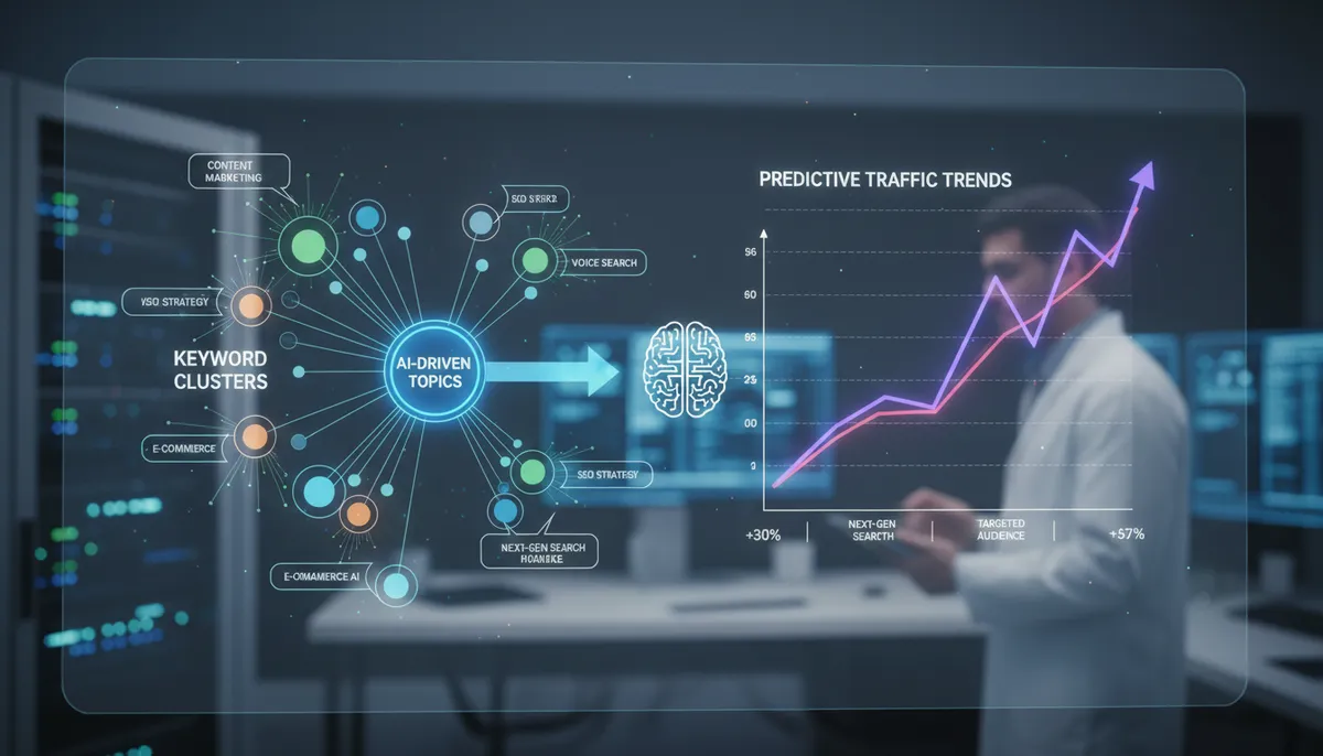 infographic, visual explanation of AI-driven keyword clusters and predictive traffic trends infographic, visual explanation of AI-driven keyword clusters and predictive traffic trends