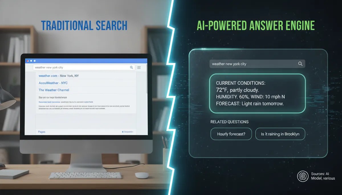 infographic showing the transition from traditional Google search results to an AI-powered answer engine infographic showing the transition from traditional Google search results to an AI-powered answer engine