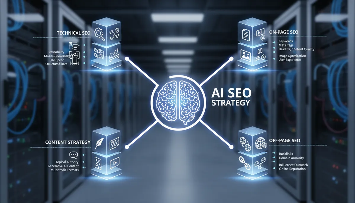 infographic, visual explanation of the four pillars of AI SEO strategy: technical, on-page, off-page, and content infographic, visual explanation of the four pillars of AI SEO strategy: technical, on-page, off-page, and content