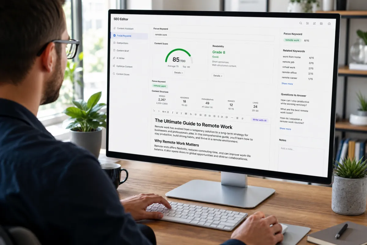 Marketer using SEOMind to research, write, and publish search content